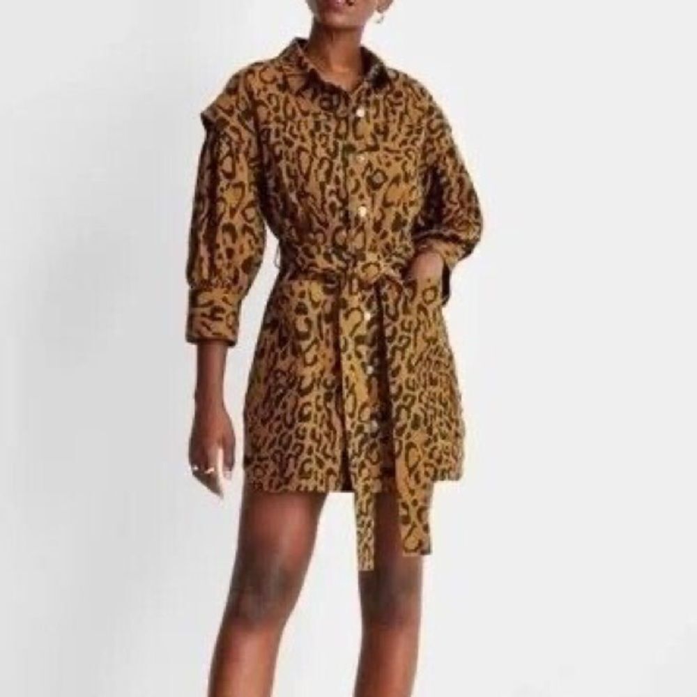 FUTURE COLLECTIVE Brown Leopard Print Denim A-line Utility Dress Size 4
